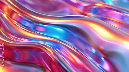 Abstract fluid iridescent holographic neon curved wave in motion colorful background 3d render. Gradient design element for backgrounds, banners, wallpapers, posters and covers.