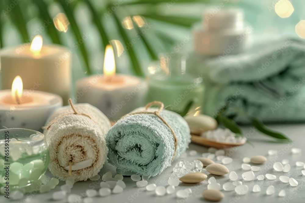 Serene Spa Day Setup with Candles, Fluffy Towels, Tropical Leaves, and Soothing Stones for Relaxation and Wellness Background Serene Spa Day Setup with Candles, Fluffy Towels, Tropical Leaves, and Soothing Stones for Relaxation and Wellness Background