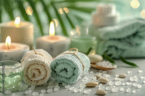 Serene Spa Day Setup with Candles, Fluffy Towels, Tropical Leaves, and Soothing Stones for Relaxation and Wellness Background