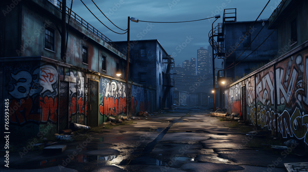 Moody urban landscape with graffiti-covered walls