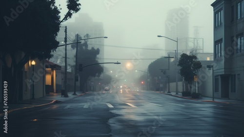 Moody urban landscape with fog rolling through empty 