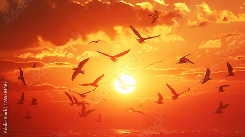 A captivating sunset setting with seagulls gracefully gliding above the tranquil waters, evoking a serene ambiance