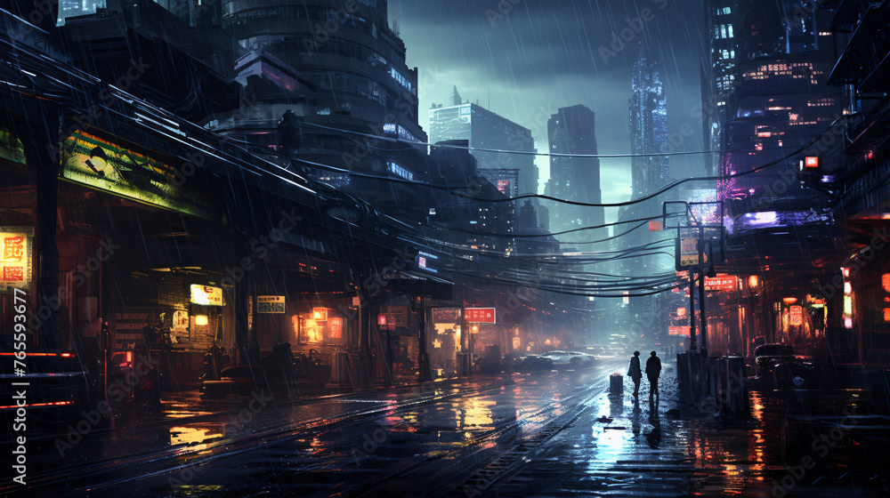 Moody urban landscape with rain-soaked streets and glo
