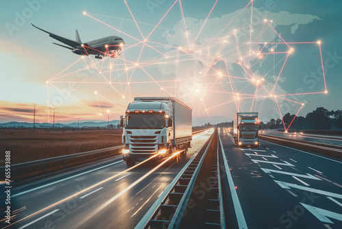 dynamic transportation and logistics concept, showcasing various modes of freight transport such as trucking and aviation, integrated with digital connectivity and global networking (3) photo
