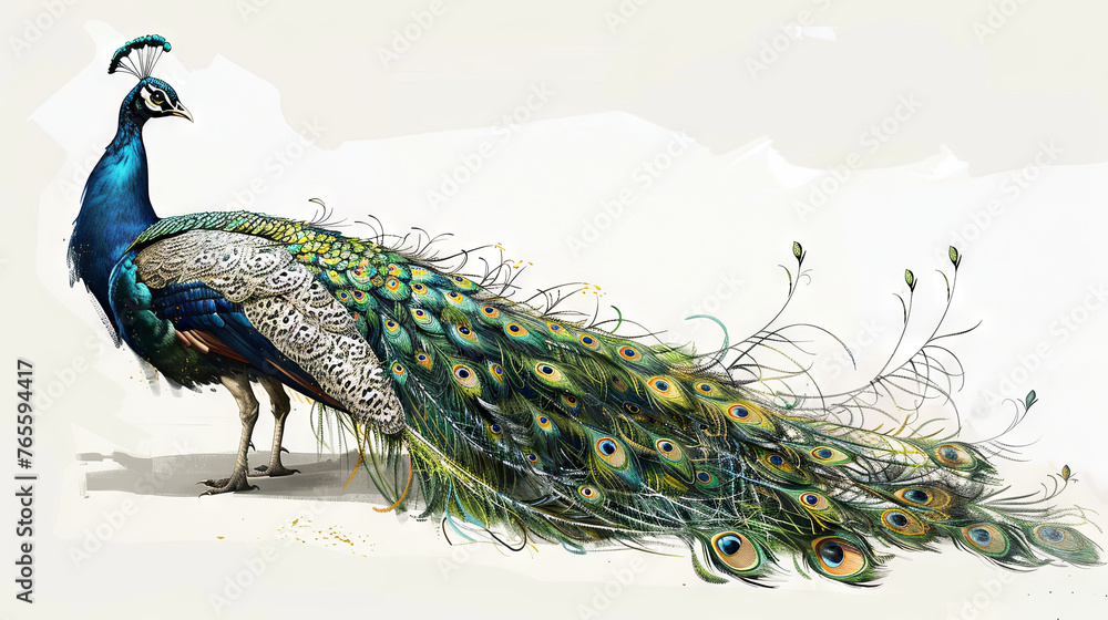 Fototapeta premium Beautiful colored peacock with a long luxurious tail on a white background