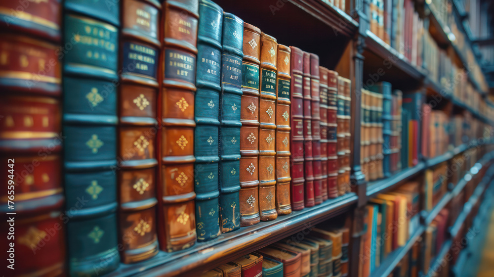 Fototapeta premium A row of books on a shelf with the top shelf being the most colorful
