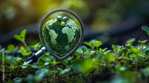 Globe in a magnifying glass on green moss background. Earth Day concept