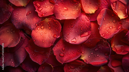 A close up of red petals with water droplets on them