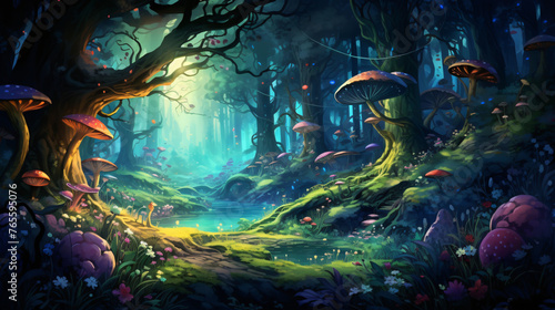 Whimsical illustration of a magical forest inhabited
