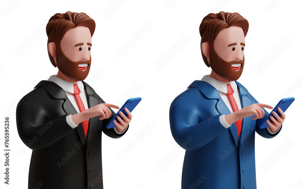 3D businessman using smartphone. Client management, mobile trading, working online, searching, freelancer, investor, talking or typing, communication, social networking concept. 3d illustration 3D businessman using smartphone. Client management, mobile trading, working online, searching, freelancer, investor, talking or typing, communication, social networking concept. 3d illustration