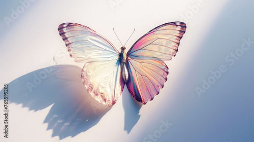 Fragile pastel coloured butterfly on a light background with shadows. Aesthetic nature concept. Generative AI