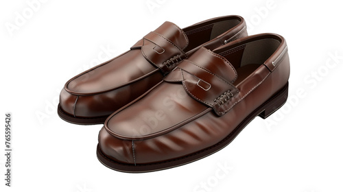 A pair of sophisticated men's loafers, crafted from luxurious leather, their sleek design and meticulous stitching showcased against a white transparent background