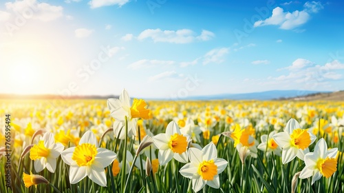 Macro shooting Easter floral flowers background panorama long landscape - Beautiful blooming yellow daffodils  spring meadow field with blue sky.