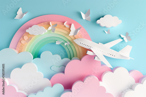 plane and rainbow paper cut in pastel colours, traveling and happy holidays concept (4)