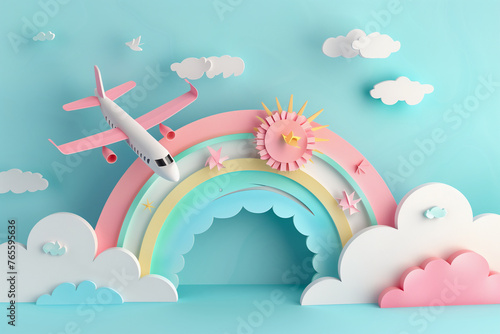 plane and rainbow paper cut in pastel colours, traveling and happy holidays concept (3)