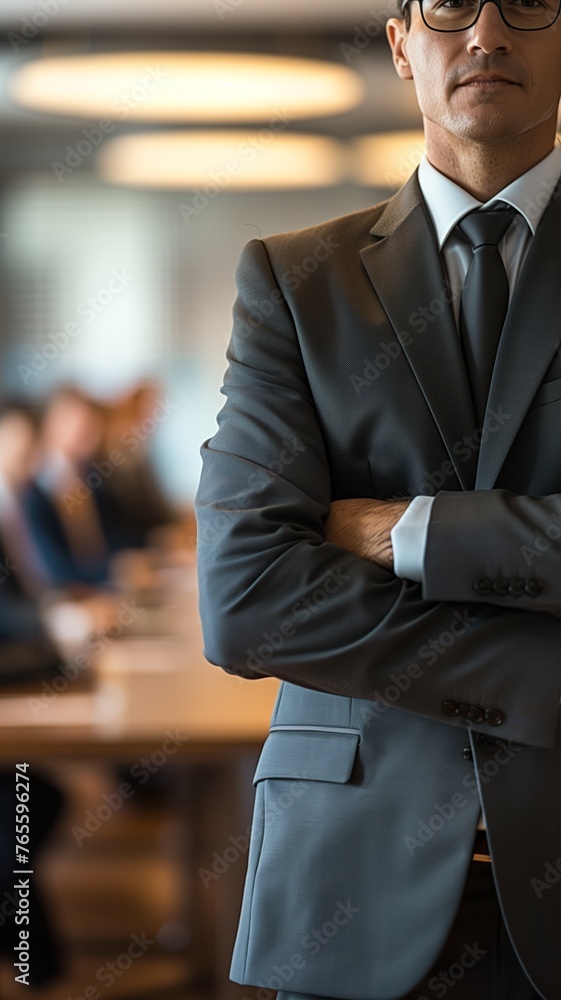 Businessman standing in office conference meeting room, long table with business employees and managers discussion on background. Businessman standing in office conference meeting room, long table with business employees and managers discussion on background.