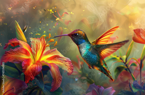 Beautiful hummingbird drinking nectar from colorful flower
