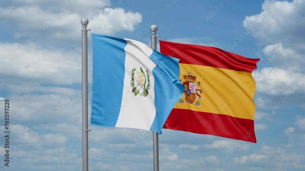 Spain and Guatemala two flags waving together, looped video, two country cooperation concept Spain and Guatemala two flags waving together, looped video, two country cooperation concept