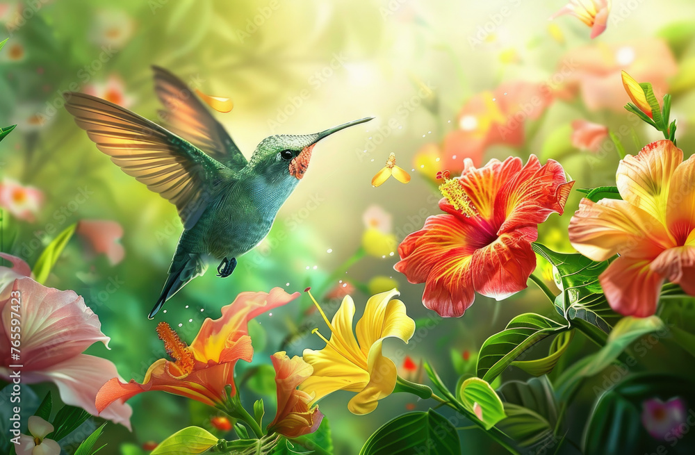 Fototapeta premium Beautiful hummingbird drinking nectar from colorful flower