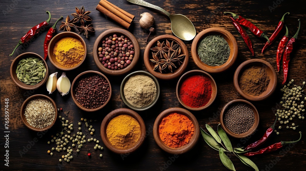 A vibrant display of various spices and herbs, ideal for culinary websites or spice market advertising.