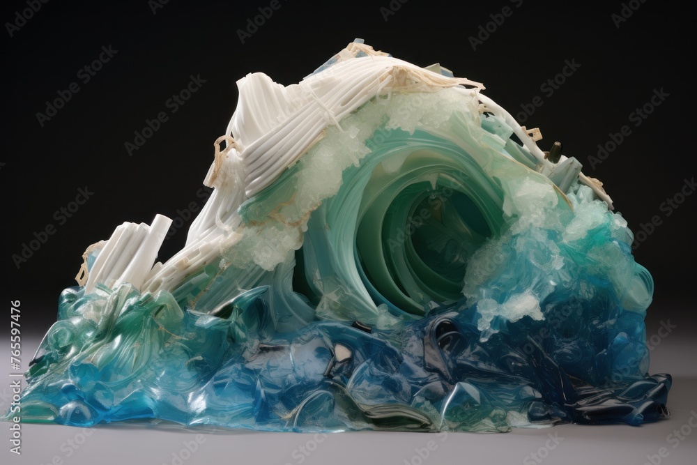 An art piece depicting half ocean wave, half pile of plastic waste, highlighting environmental concerns, suitable for sustainability initiatives or educational materials. An art piece depicting half ocean wave, half pile of plastic waste, highlighting environmental concerns, suitable for sustainability initiatives or educational materials.