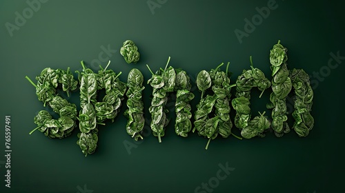 The word 'spinach' created from spinach leaves on a dark background, perfect for healthy food campaigns or nutritional education.