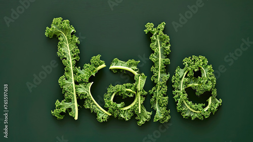 the word "kale" crafted from kale leaves on a dark green background, suitable for promoting healthy eating or illustrating creative food presentations.