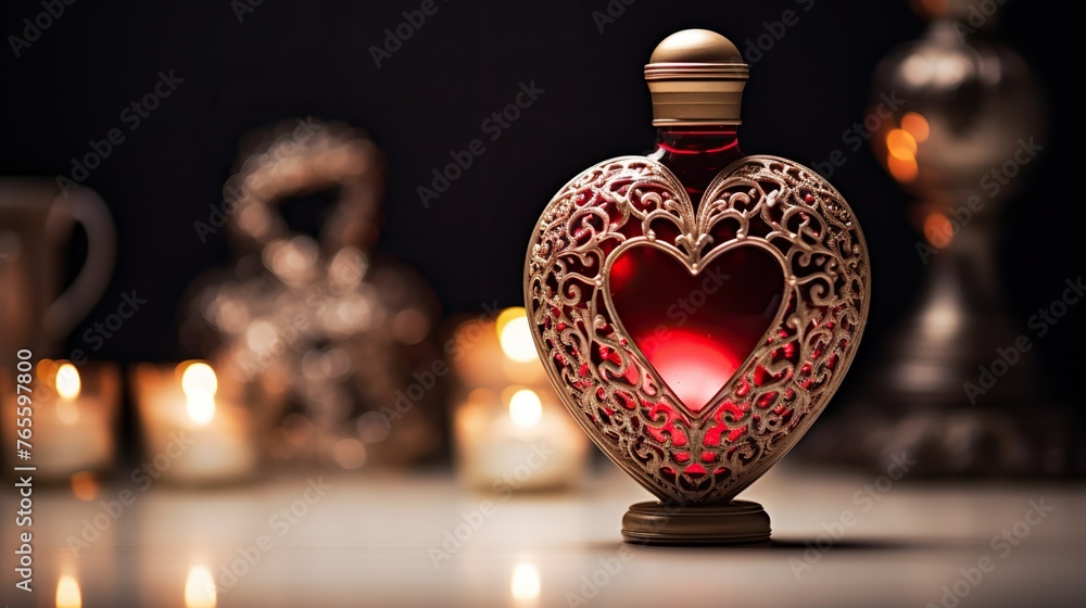A Love Potion bottle with a heart design set against a romantic ambiance, suitable for thematic product photography or fantasy-themed visual storytelling