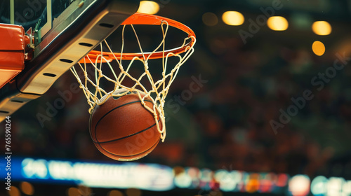 Close-up of a basketball hitting the basket against a bokeh background. Sports event concept. Generative AI © AngrySun