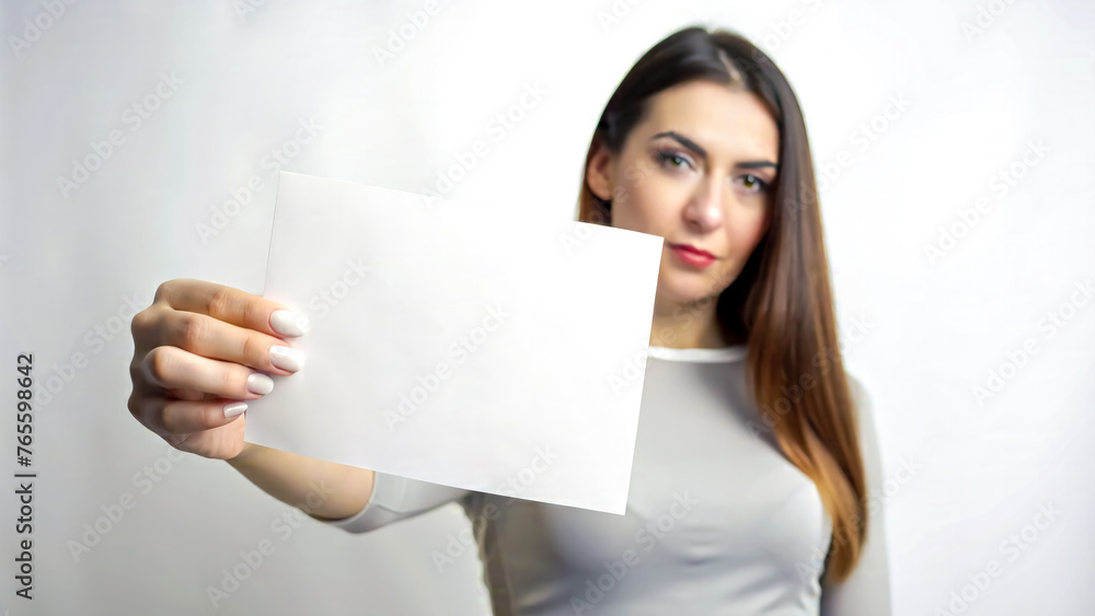 female women holding blank empty paper note in one hand female women holding blank empty paper note in one hand