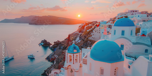 Beautiful sunset view of Santorini, Greece with white buildings and blue domes overlooking the sea