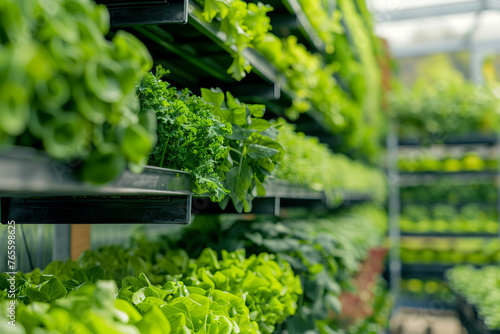 A row of plants with a variety of greens, including lettuce, are displayed in a greenhouse. The plants are arranged in a way that allows for easy access and visibility