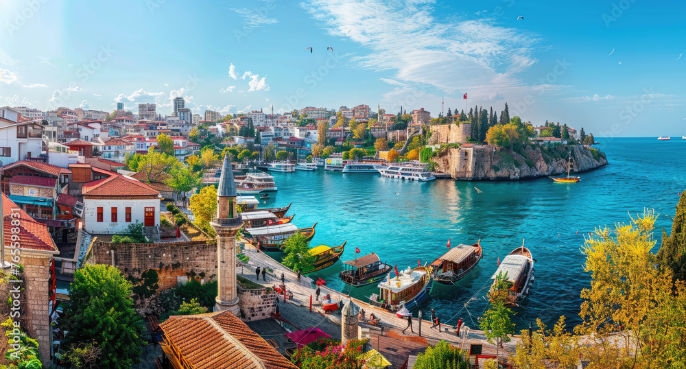 Beautiful view of the city of Antalya in Turkey, showcasing its harbor and historic architecture