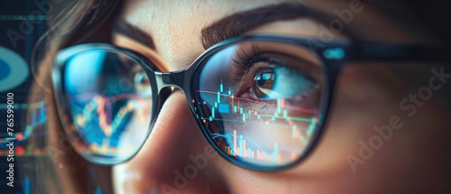 A close-up view of a person's eyes framed by a pair of glasses, reflecting stock market charts, focusing on the analysis of financial data.