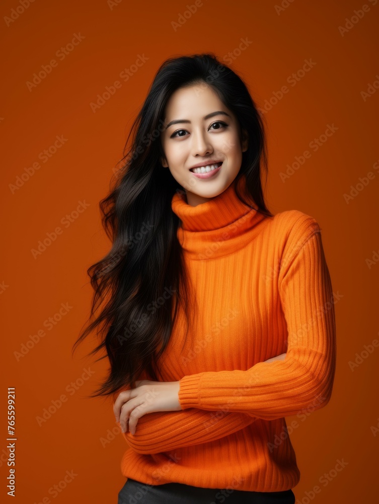 Woman in Orange Sweater Posing for Picture Woman in Orange Sweater Posing for Picture