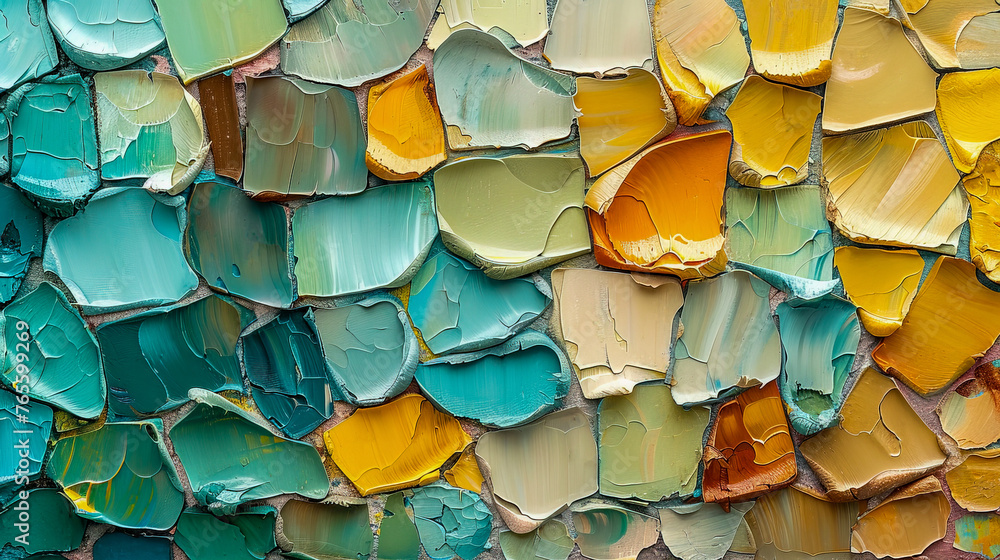 Abstract geometric pattern with oil paint in the form of multicolored large strokes applied with a palette knife. Artistic color scheme: yellow, blue, turquoise, olive. Abstract geometric pattern with oil paint in the form of multicolored large strokes applied with a palette knife. Artistic color scheme: yellow, blue, turquoise, olive.