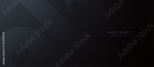 Modern dark black abstract horizontal banner background with glowing geometric lines. Shiny blue diagonal rounded lines pattern. Futuristic concept. Suit for cover, brochure, presentation, flyer, web