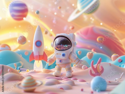 Cartoon rocket on an alien planet with colorful fantasy landscape. Digital illustration with 3D rendering. Space exploration and adventure concept for children's book illustration 
