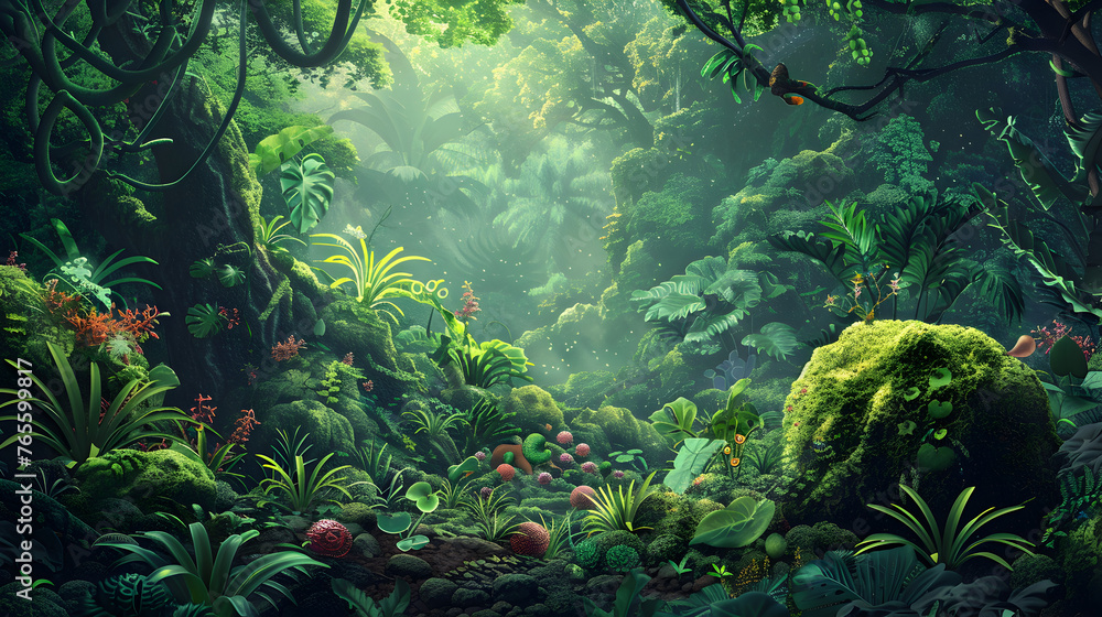 Ecosystem of a tropical rainforest at the microscopic level, showcasing the interaction between various microorganisms and plant cells, all under the canopy of a dense, green forest.