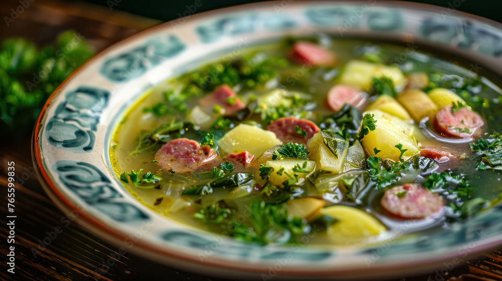 Caldo Verde A Traditional Portuguese Soup With Potatoes. Traditional Portuguese Dish Caldo Verde A Traditional Portuguese Soup With Potatoes. Traditional Portuguese Dish