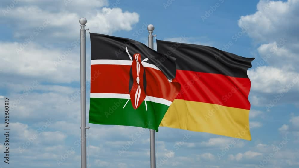 Germany and Kenya two flags waving together, looped video, two country relations concept Germany and Kenya two flags waving together, looped video, two country relations concept