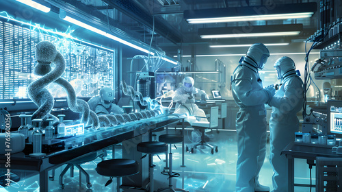 A bustling nanotechnology lab, with nano-robots repairing DNA strands. The background is filled with futuristic technology.