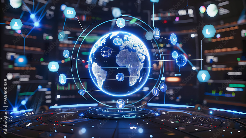 Futuristic business and global networking concept, emphasizing digital communication, worldwide information exchange, and technology innovation Futuristic business and global networking concept, emphasizing digital communication, worldwide information exchange, and technology innovation