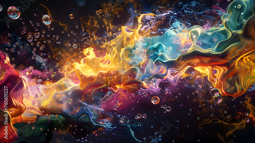 Abstract representation of a chemical reaction, where brightly colored molecules collide and merge in a dance of transformation.