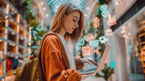 Young business woman working on a laptop outside the home, doing business on the marketplace, selling goods online, sales, discounts