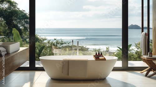 Luxury Tranquil bathroom with coastal decor in a home with ocean views. Calm and relaxation and spa  deserted place