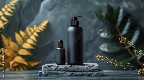 Cosmetic dark bottles for shampoo and oil with dispenser blank mockup for product in dark matte colors. with leaves on background