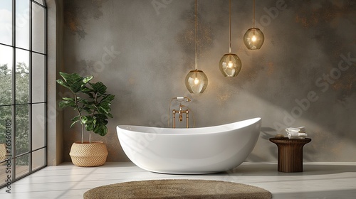 Spacious stylish interior bathroom with white minimalist bathtub