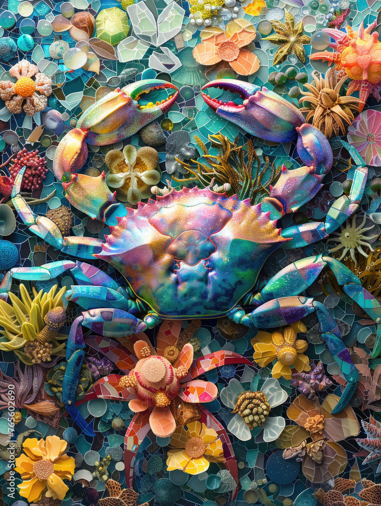 Vibrant Mosaic Crab and Coral Reef Illustration