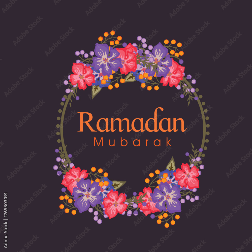 Colorful flowers decorated frame with text Ramadan Mubarak for Muslim community festival celebration.